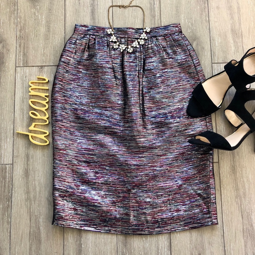 J. Crew Collection Metallic Pencil Skirt Mini Sparkle Purple Silver mini skirt